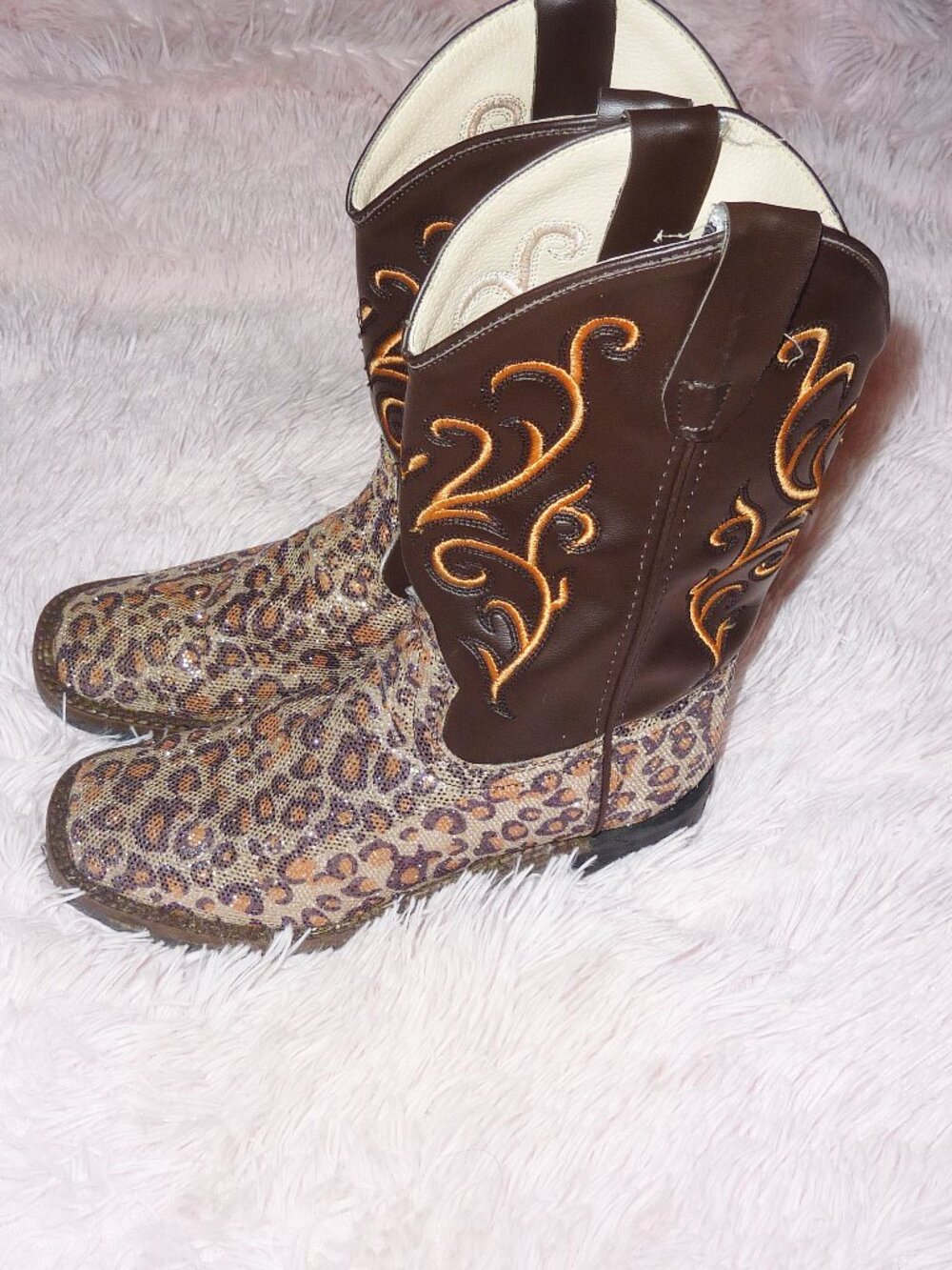 Mint! Old West Cowboy Boots Brown Leopard Pattern Ladies or Youth 6